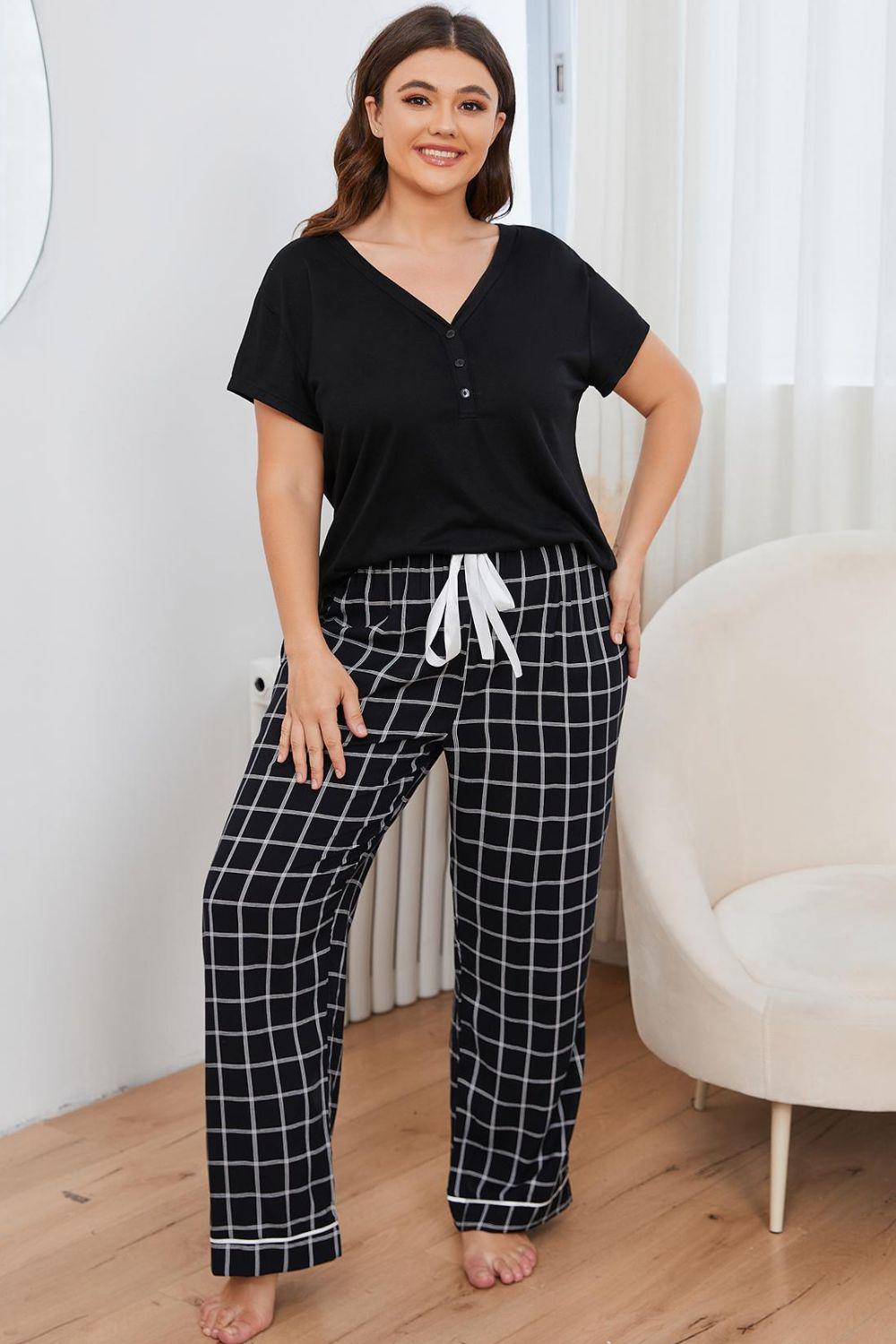 Plus Size V-Neck Top and Plaid Pants Lounge Set BLUE ZONE PLANET