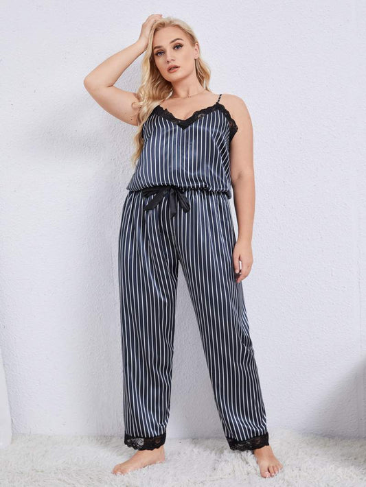 Plus Size Vertical Stripe Lace Trim Cami and Pants Pajama Set BLUE ZONE PLANET