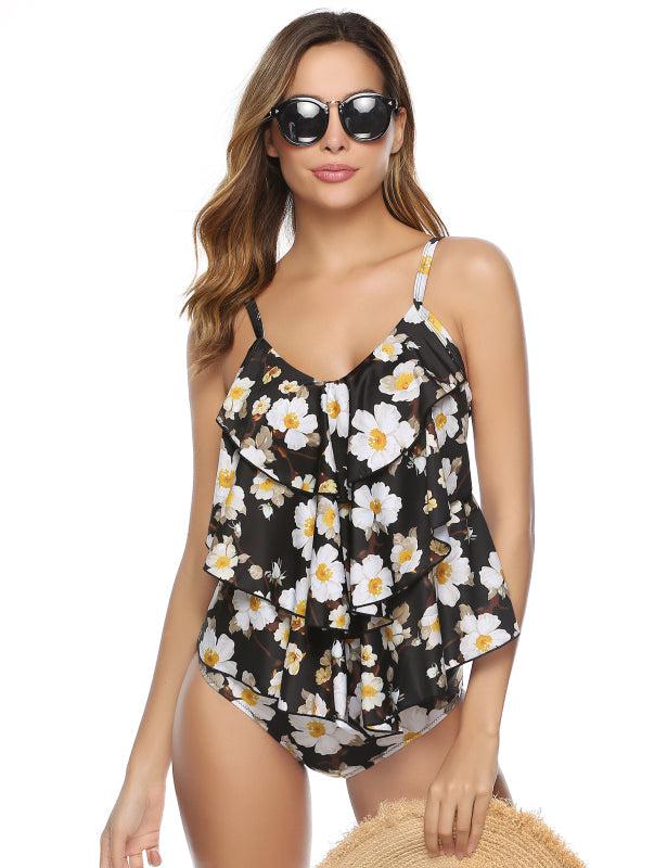 Plus Size Women's One-Piece Swimsuit-TOPS / DRESSES-[Adult]-[Female]-white flower on black-S-Blue Zone Planet