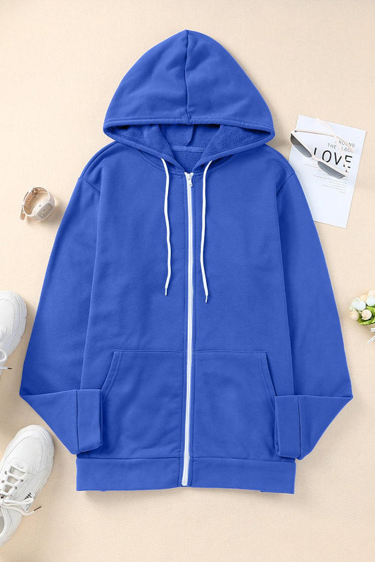 Plus Size Zip Up Hooded Jacket with Pocket BLUE ZONE PLANET