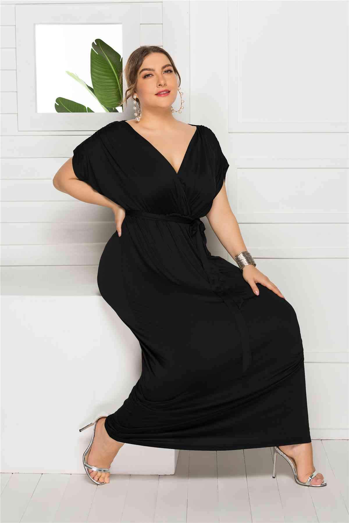 Plus Tie Waist Wrap Top Maxi Dress BLUE ZONE PLANET