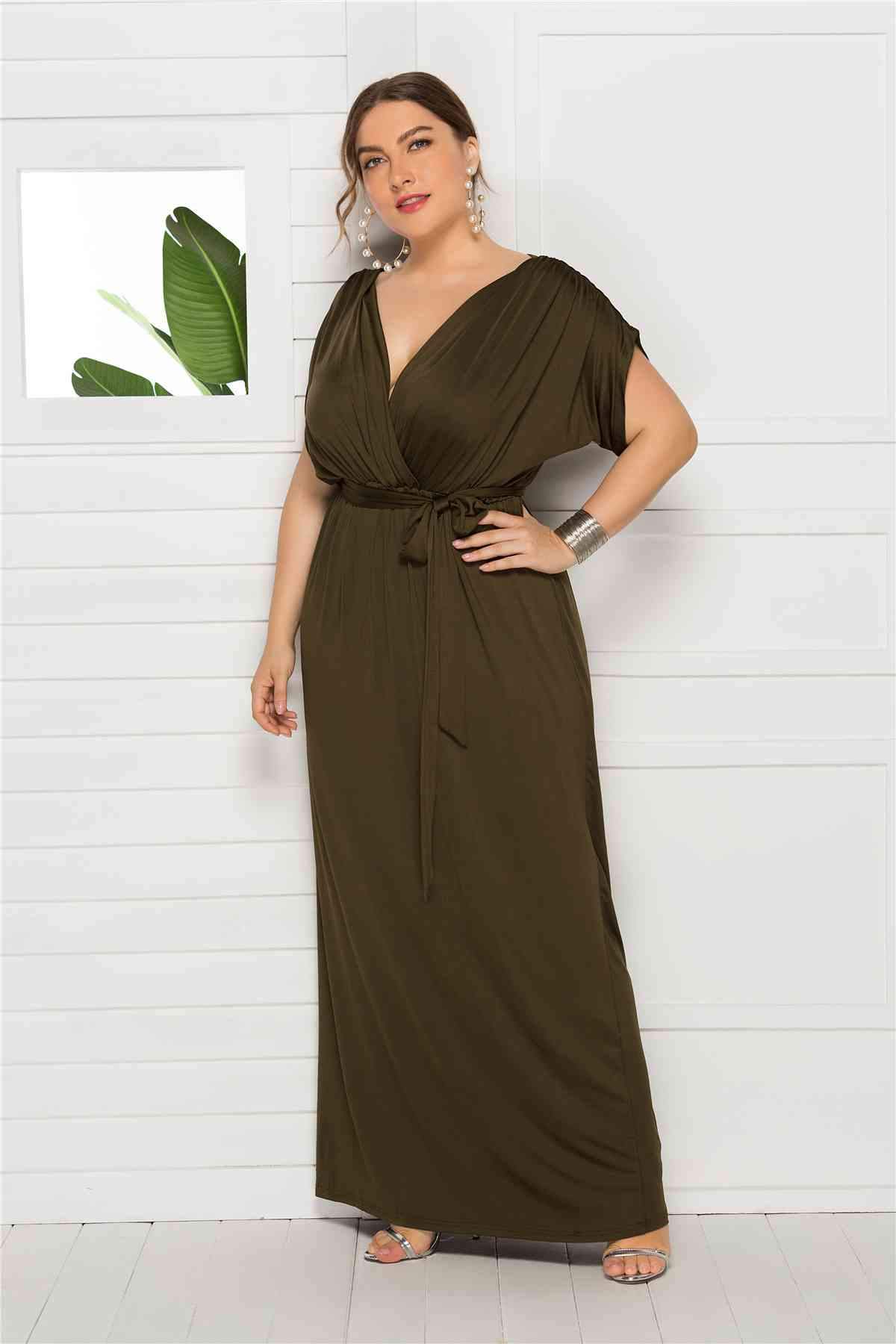 Plus Tie Waist Wrap Top Maxi Dress BLUE ZONE PLANET