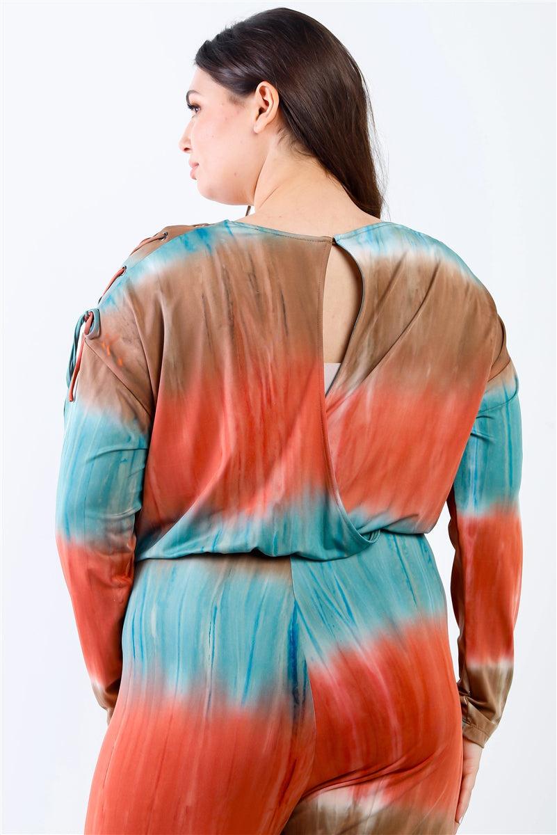 Plus Tie-dye Lace Up Shoulder Details Back Wrap Cut-out Jumpsuit Blue Zone Planet