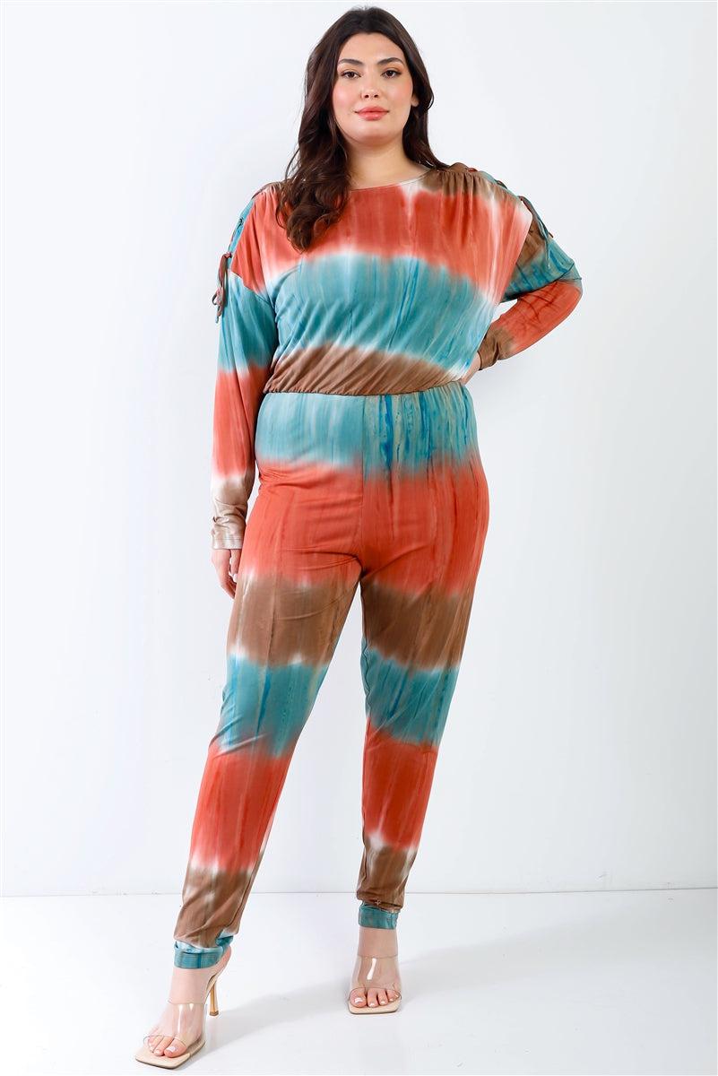 Plus Tie-dye Lace Up Shoulder Details Back Wrap Cut-out Jumpsuit Blue Zone Planet