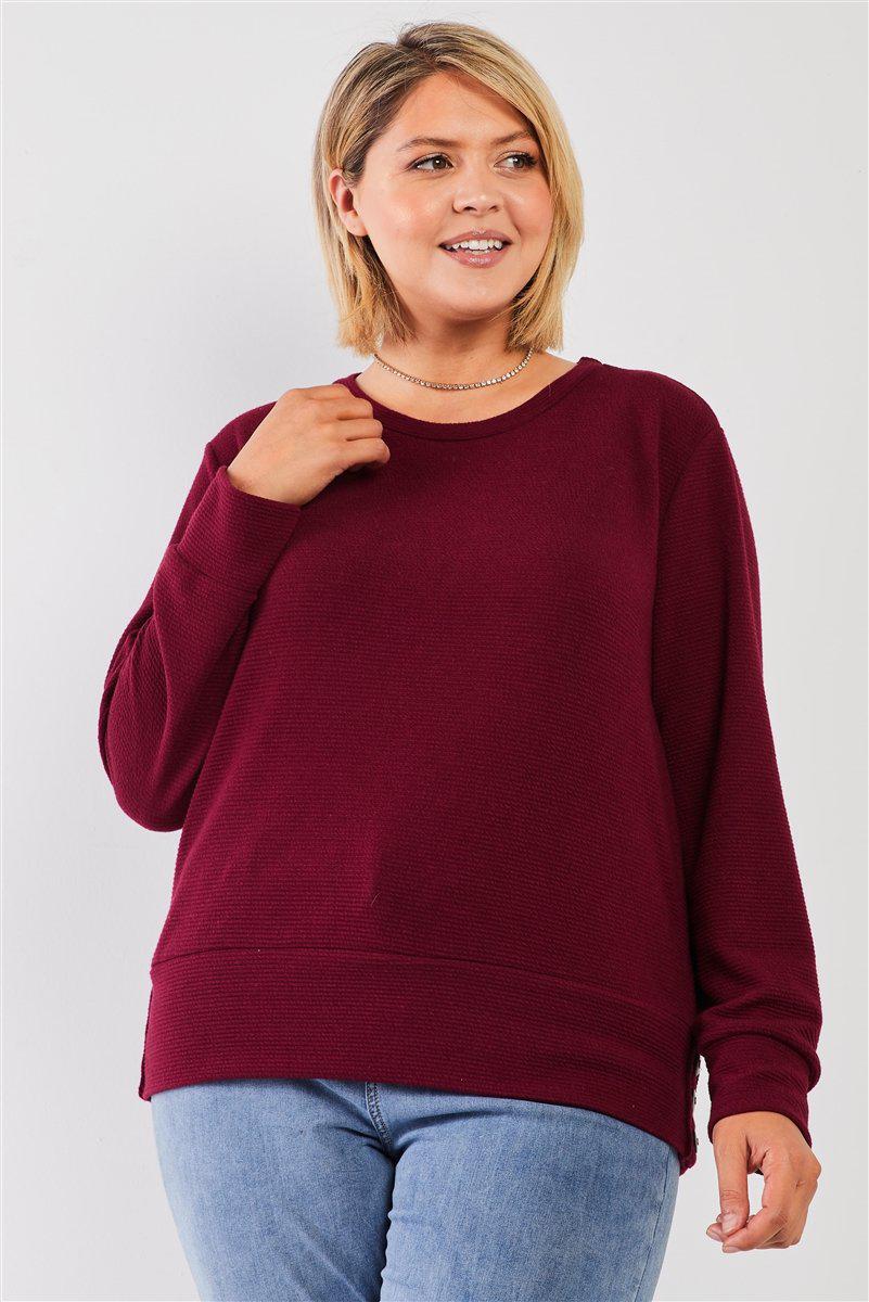 Plus Wine Red Ribbed Round Neck Long Balloon Sleeve Button Trim Top Blue Zone Planet