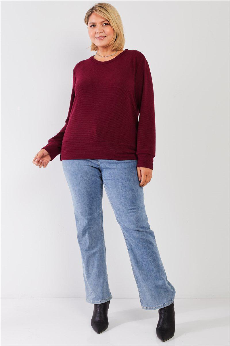 Plus Wine Red Ribbed Round Neck Long Balloon Sleeve Button Trim Top-[Adult]-[Female]-Blue Zone Planet
