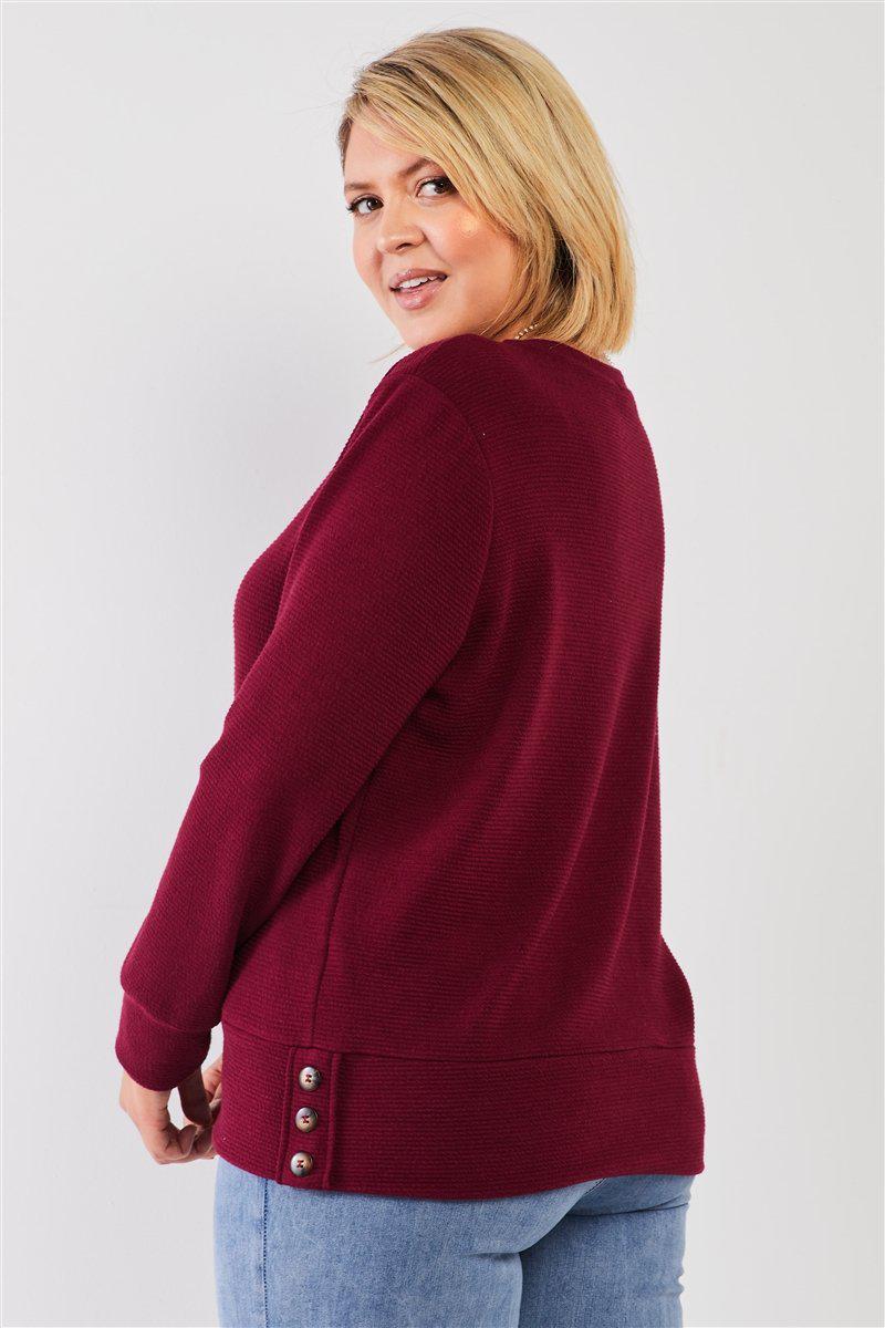 Plus Wine Red Ribbed Round Neck Long Balloon Sleeve Button Trim Top-[Adult]-[Female]-Blue Zone Planet