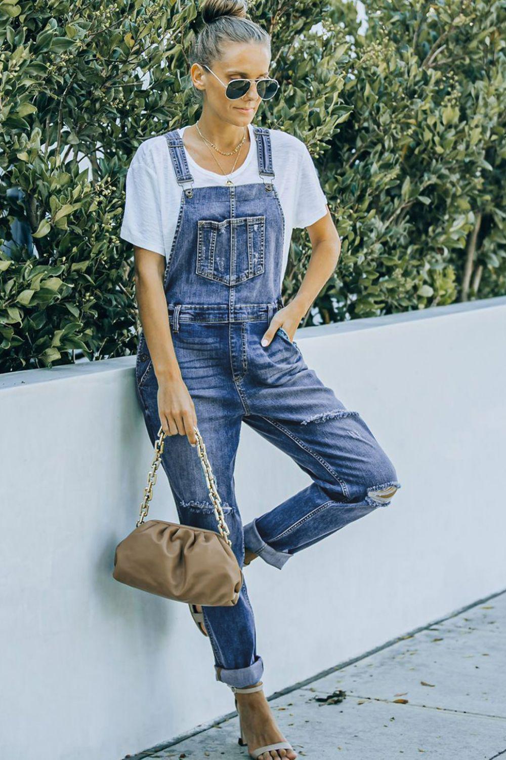 Pocketed Distressed Denim Overalls BLUE ZONE PLANET