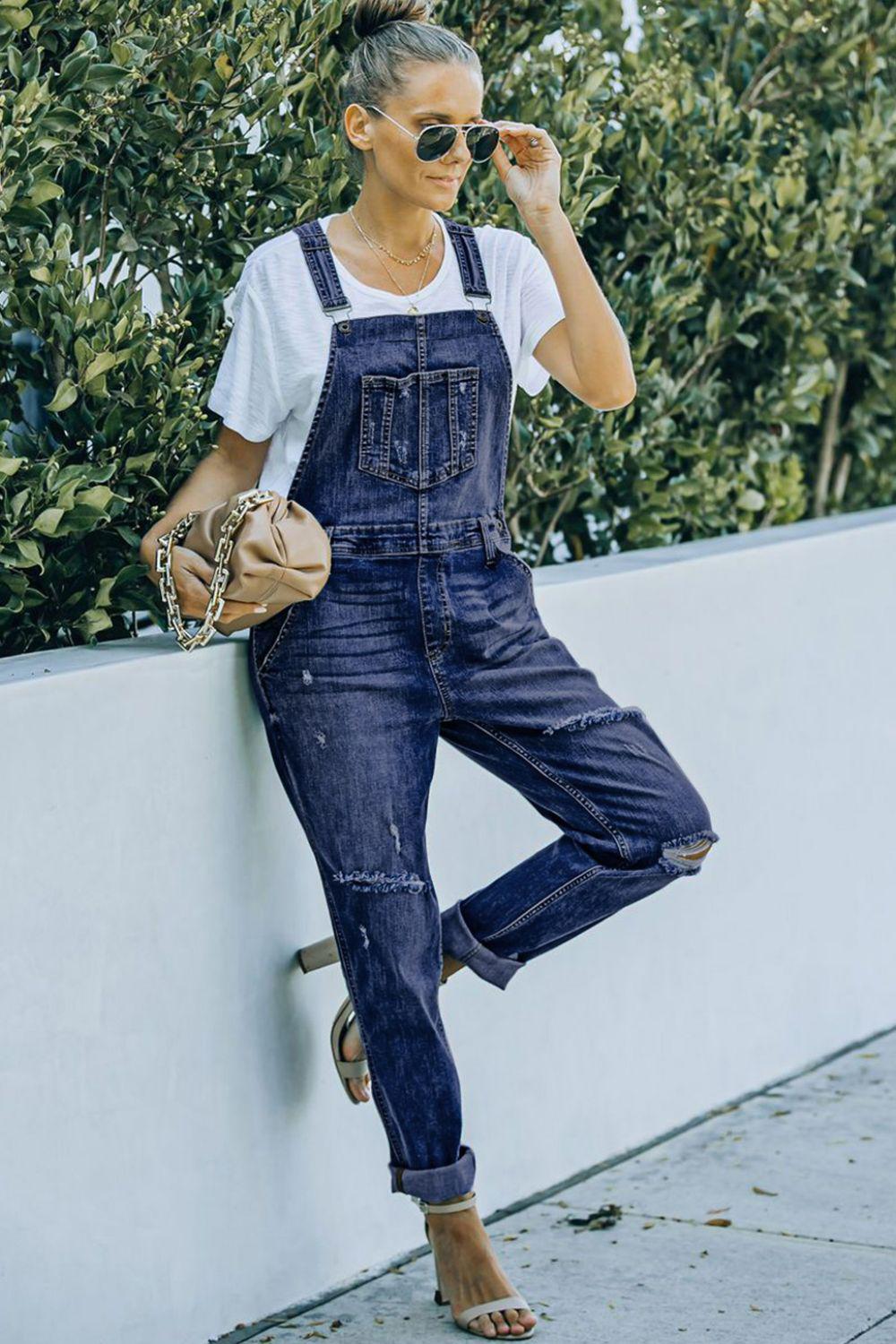 Pocketed Distressed Denim Overalls BLUE ZONE PLANET