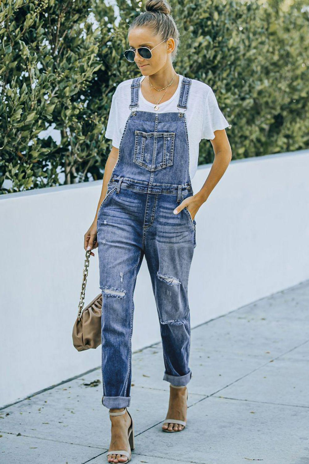 Pocketed Distressed Denim Overalls BLUE ZONE PLANET