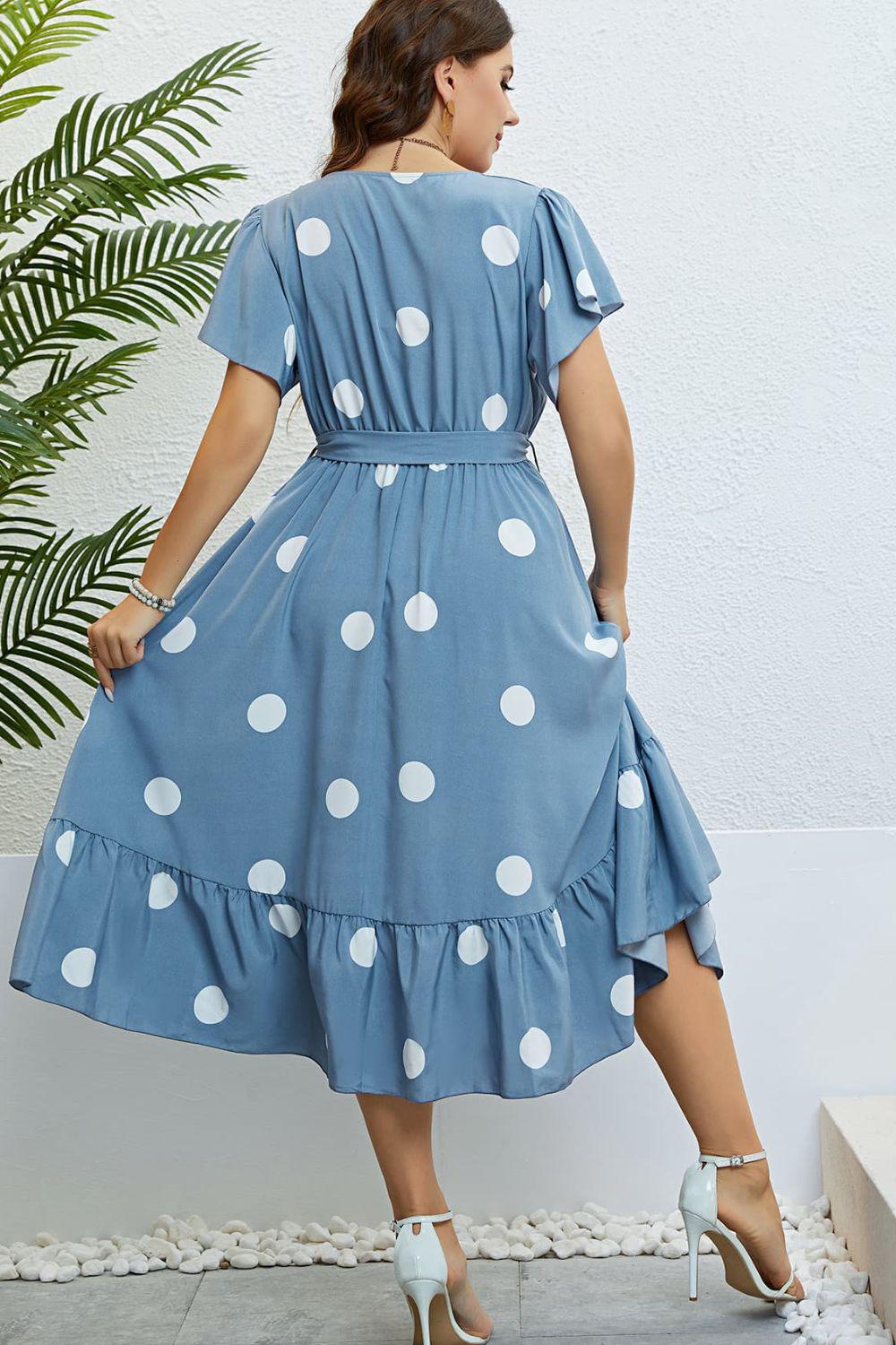 Polka Dot Belted Flutter Sleeve Ruffle Hem Dress BLUE ZONE PLANET