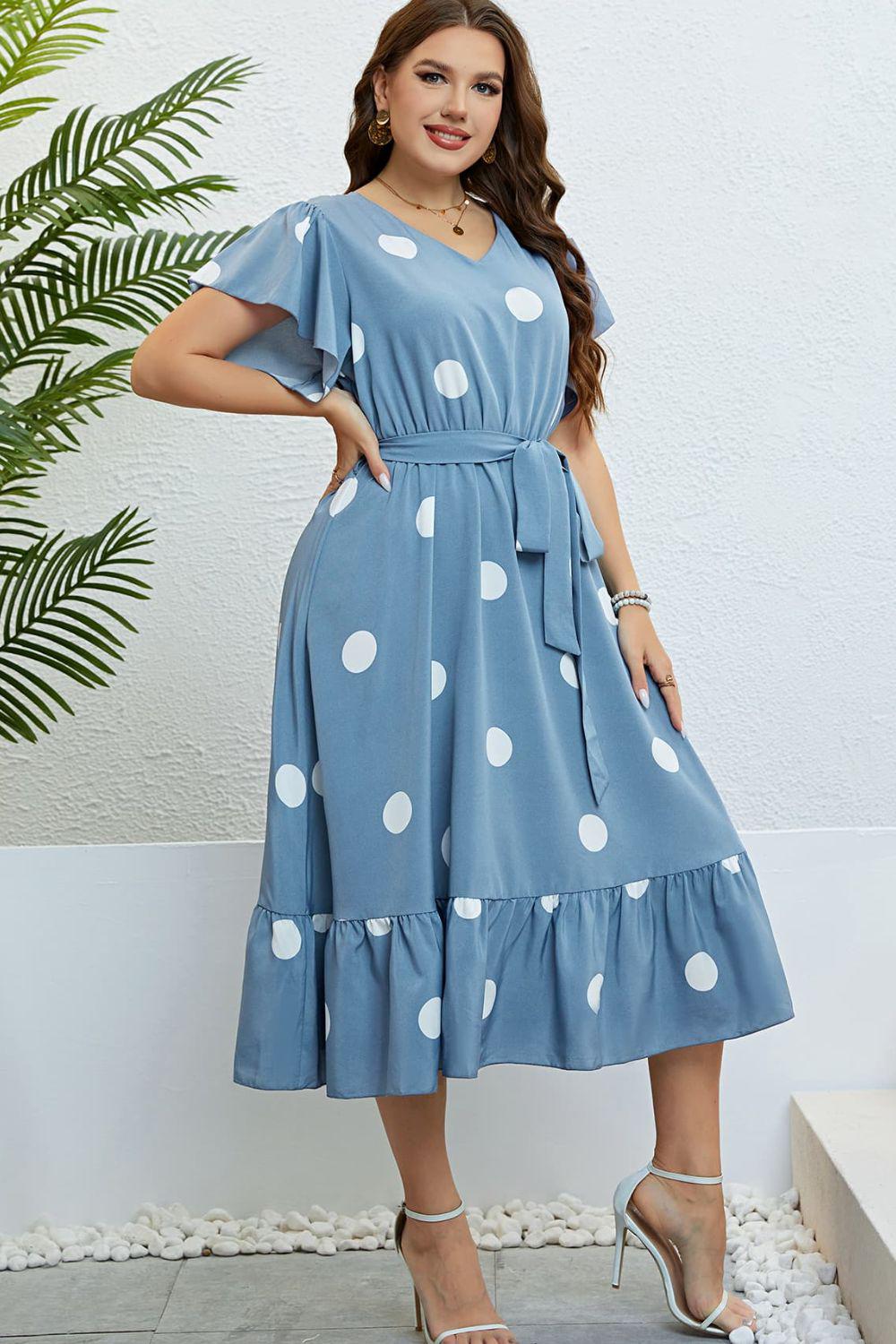 Polka Dot Belted Flutter Sleeve Ruffle Hem Dress BLUE ZONE PLANET