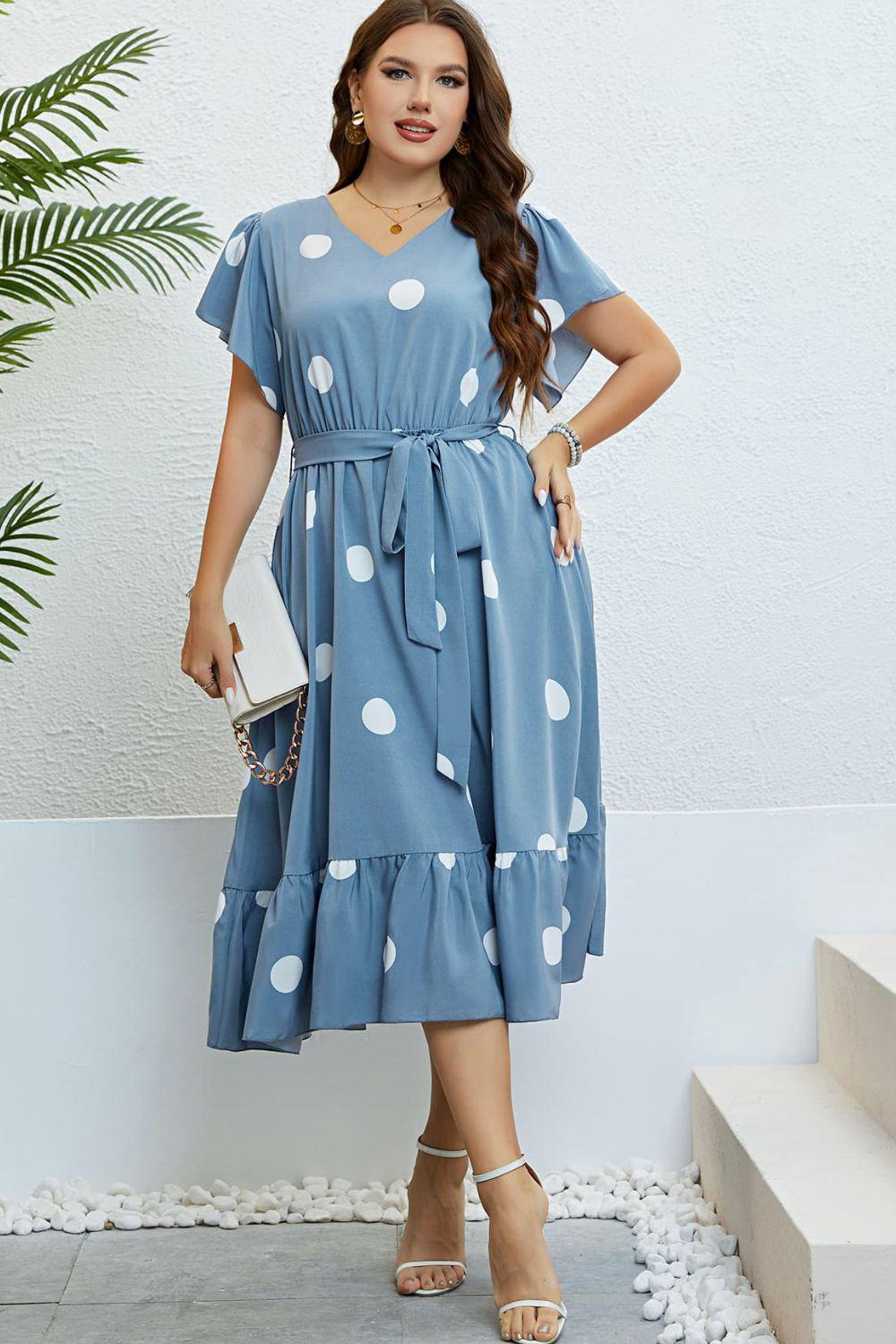 Polka Dot Belted Flutter Sleeve Ruffle Hem Dress BLUE ZONE PLANET