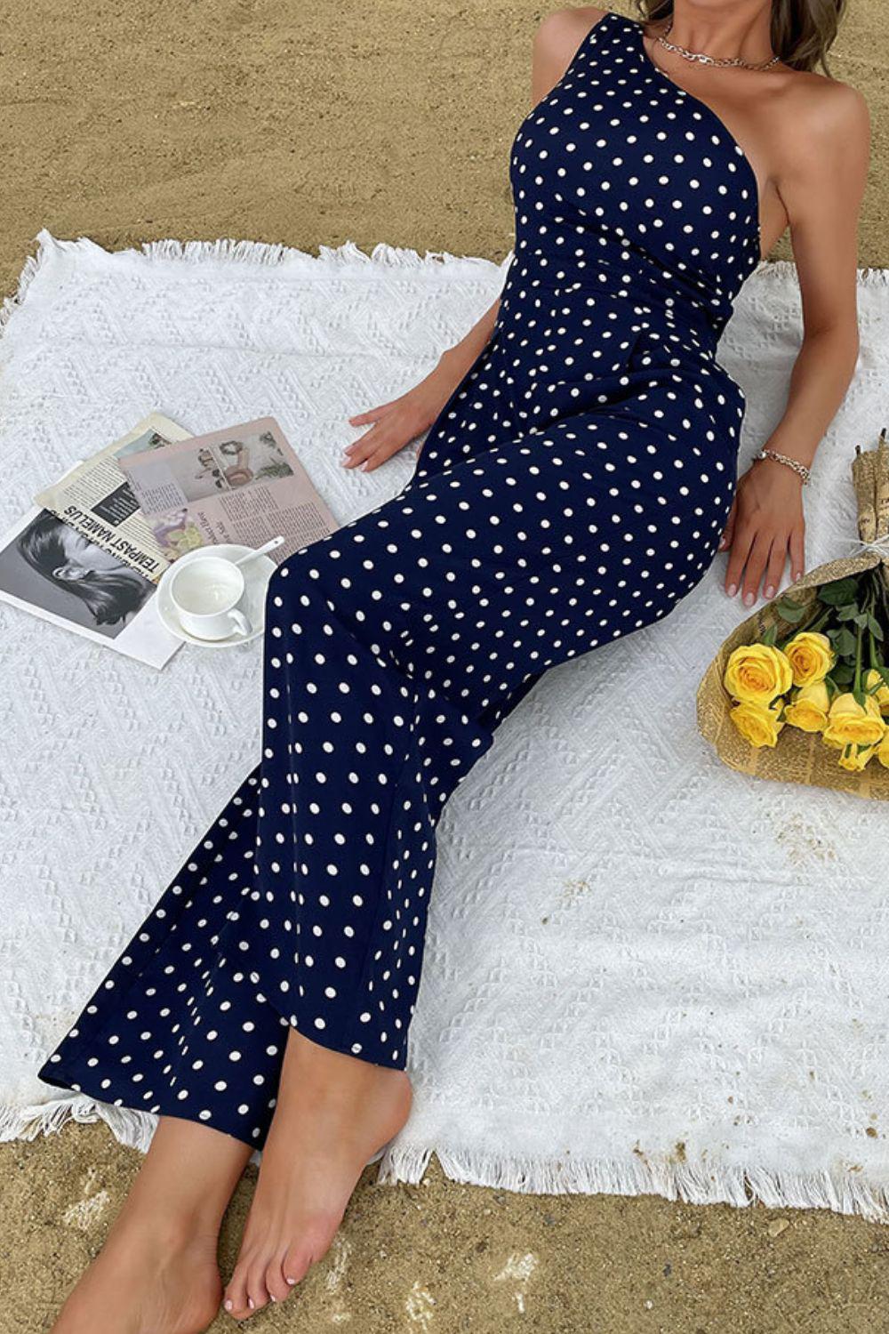 Polka Dot One-Shoulder Jumpsuit BLUE ZONE PLANET