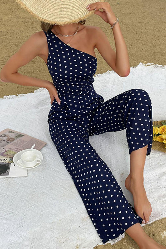 Polka Dot One-Shoulder Jumpsuit BLUE ZONE PLANET