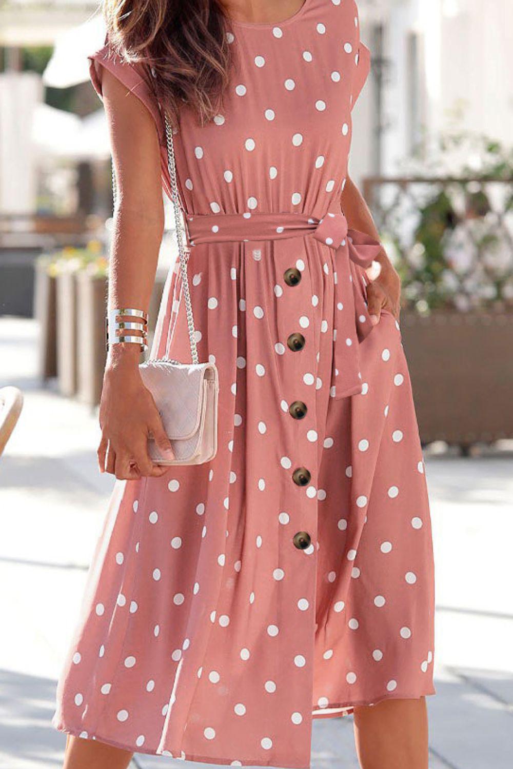 Polka Dot Round Neck Dress with Pockets BLUE ZONE PLANET