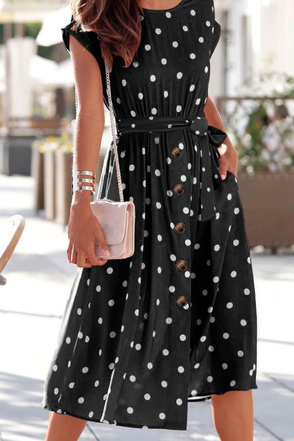 Polka Dot Round Neck Dress with Pockets BLUE ZONE PLANET