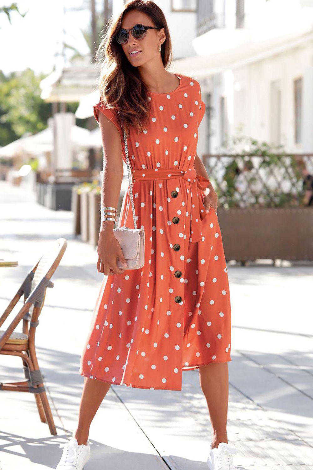 Polka Dot Round Neck Dress with Pockets BLUE ZONE PLANET