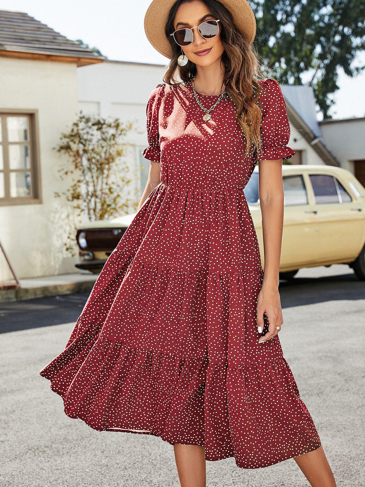 Polka Dot Short Flounce Sleeve Tiered Midi Dress-TOPS / DRESSES-[Adult]-[Female]-Red-S-Blue Zone Planet