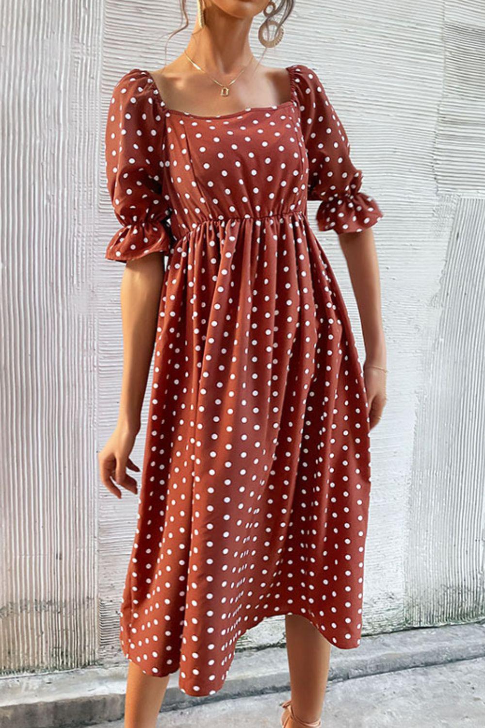 Polka Dot Square Neck Flounce Sleeve Dress BLUE ZONE PLANET