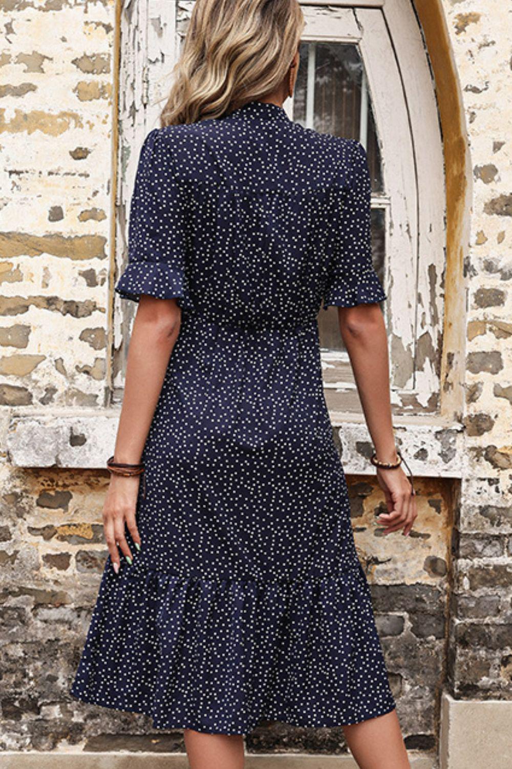 Polka Dot Tie Front Ruffled Midi Dress BLUE ZONE PLANET