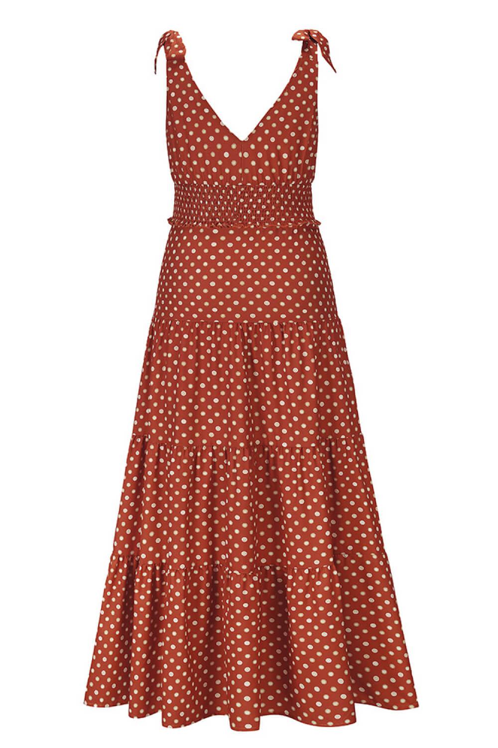 Polka Dot Tie-Shoulder Tiered Maxi Dress BLUE ZONE PLANET