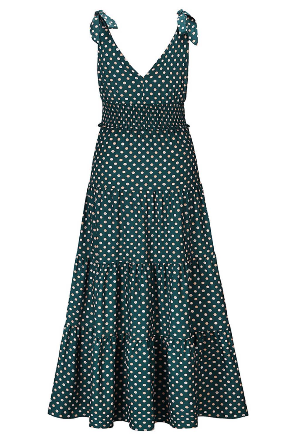 Polka Dot Tie-Shoulder Tiered Maxi Dress BLUE ZONE PLANET