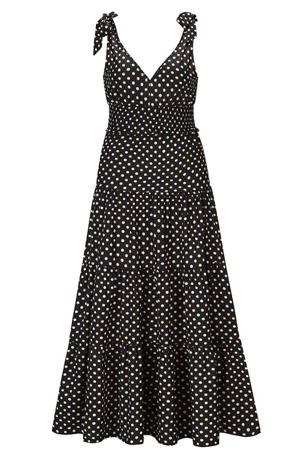 Polka Dot Tie-Shoulder Tiered Maxi Dress BLUE ZONE PLANET