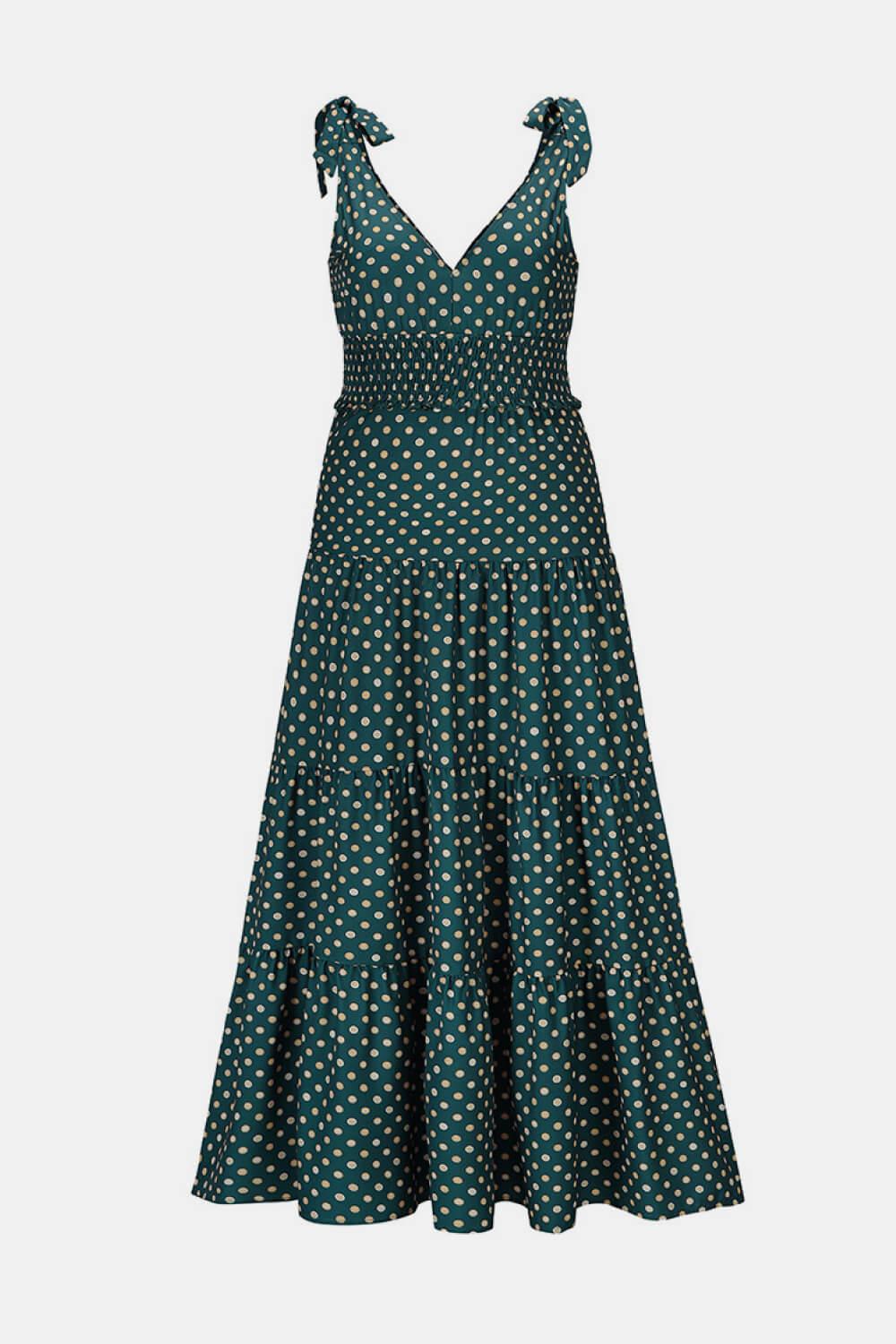 Polka Dot Tie-Shoulder Tiered Maxi Dress BLUE ZONE PLANET