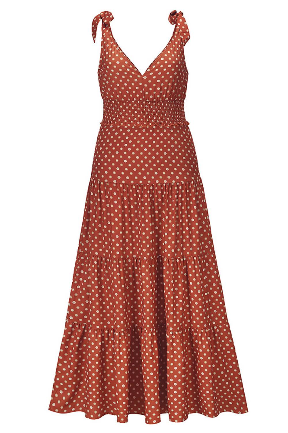 Polka Dot Tie-Shoulder Tiered Maxi Dress BLUE ZONE PLANET