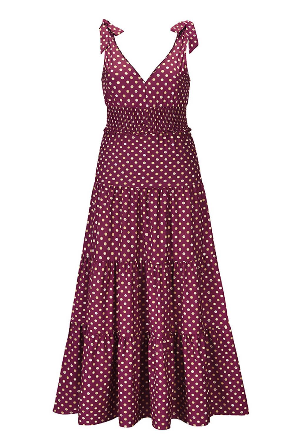 Polka Dot Tie-Shoulder Tiered Maxi Dress-TOPS / DRESSES-[Adult]-[Female]-Wine-S-Blue Zone Planet