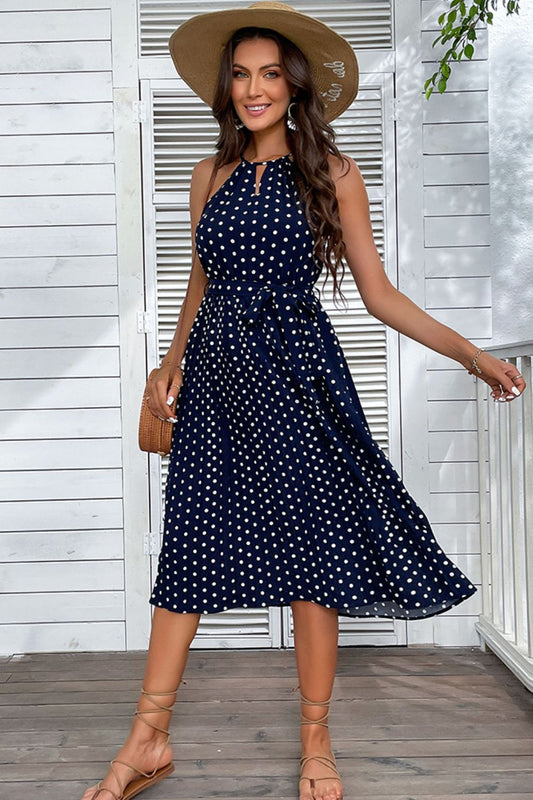 Polka Dot Tie-Waist Sleeveless Midi Dress BLUE ZONE PLANET