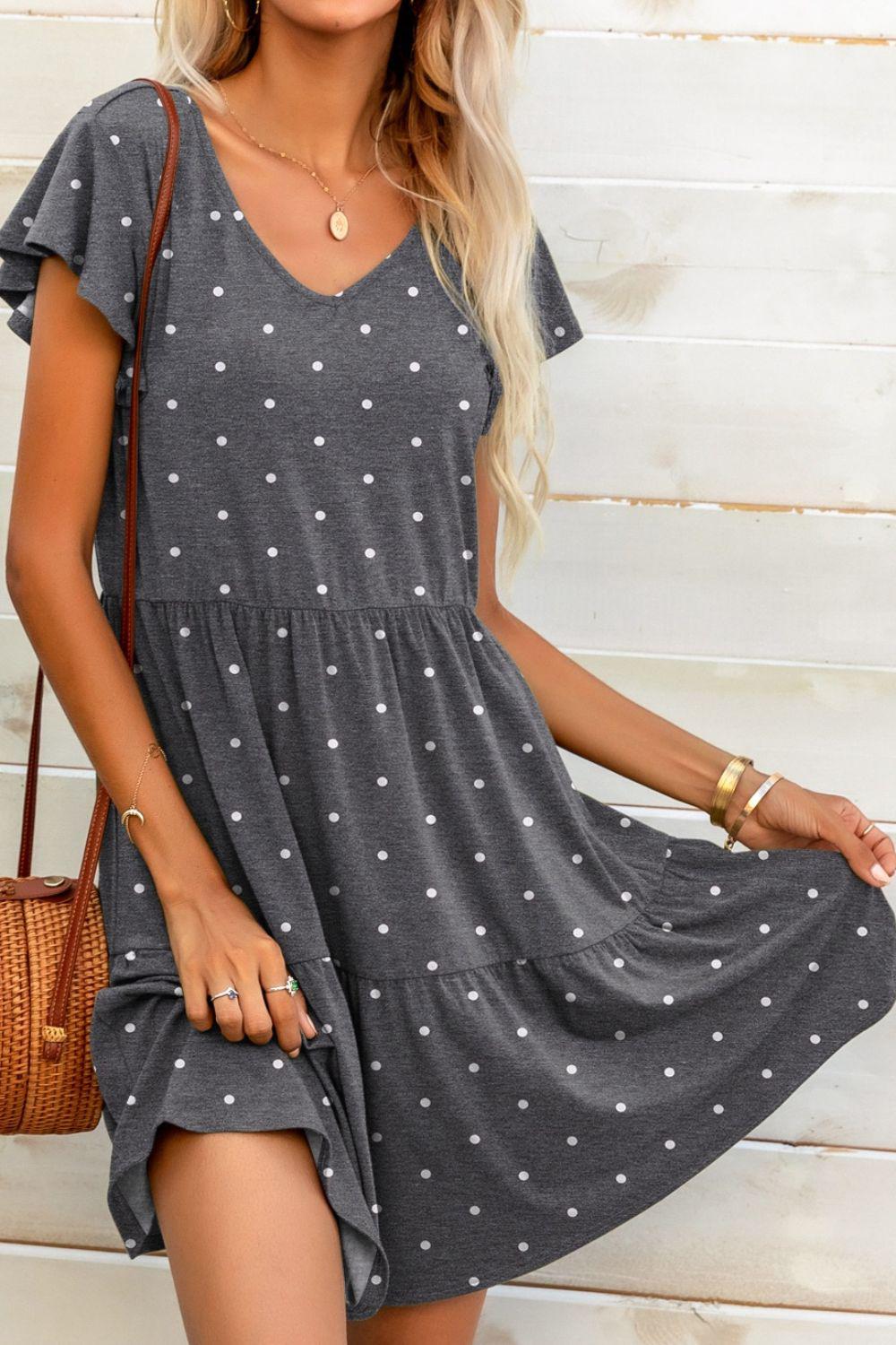 Polka Dot V-Neck Flutter Sleeve Mini Dress BLUE ZONE PLANET