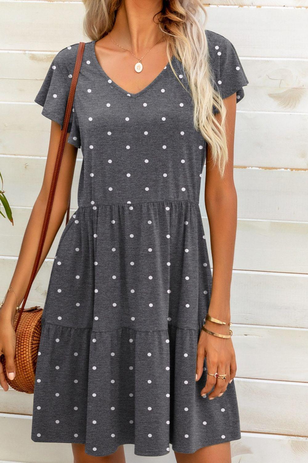 Polka Dot V-Neck Flutter Sleeve Mini Dress BLUE ZONE PLANET