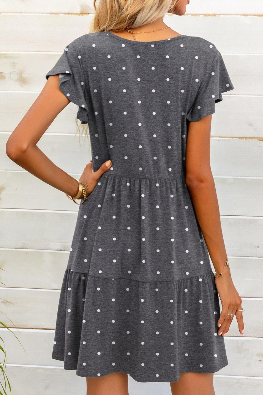 Polka Dot V-Neck Flutter Sleeve Mini Dress BLUE ZONE PLANET