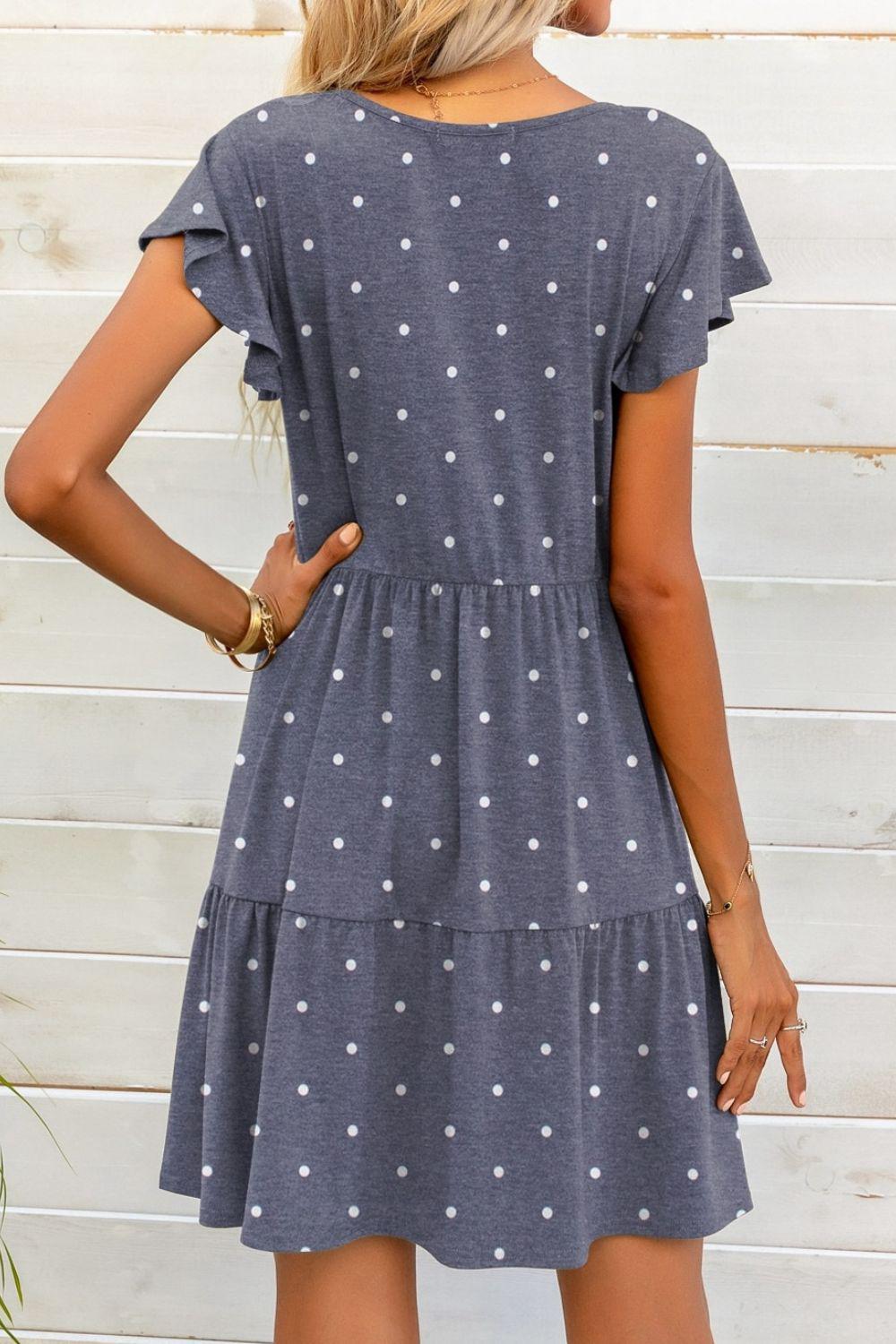 Polka Dot V-Neck Flutter Sleeve Mini Dress BLUE ZONE PLANET