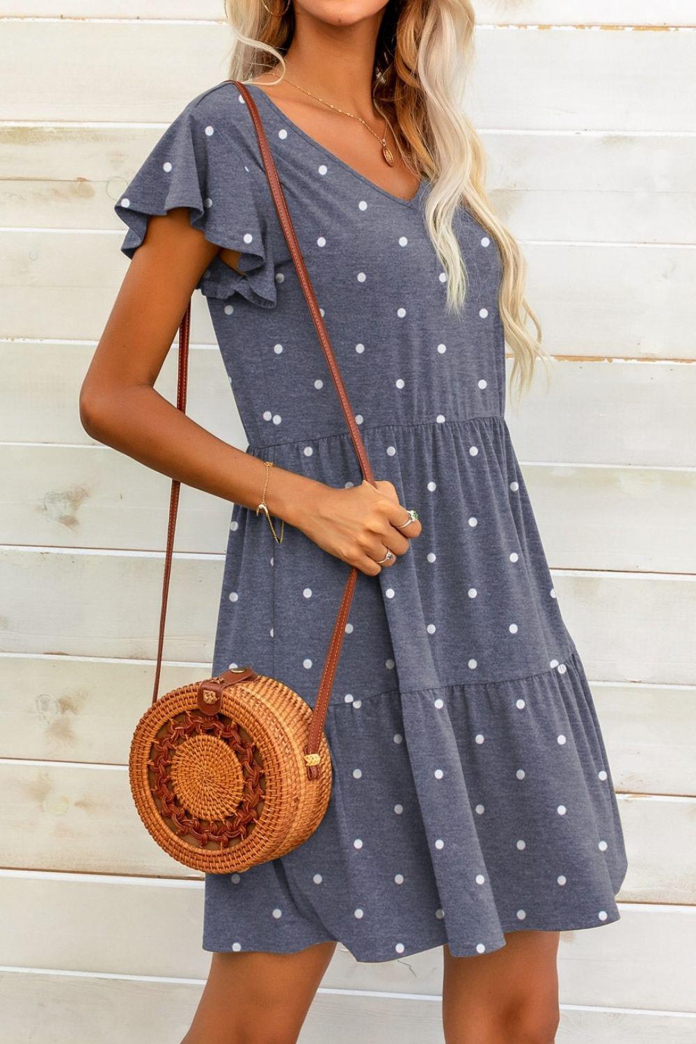 Polka Dot V-Neck Flutter Sleeve Mini Dress BLUE ZONE PLANET