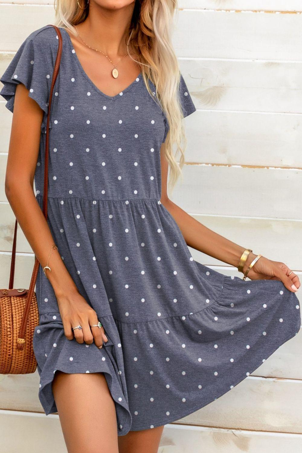 Polka Dot V-Neck Flutter Sleeve Mini Dress BLUE ZONE PLANET