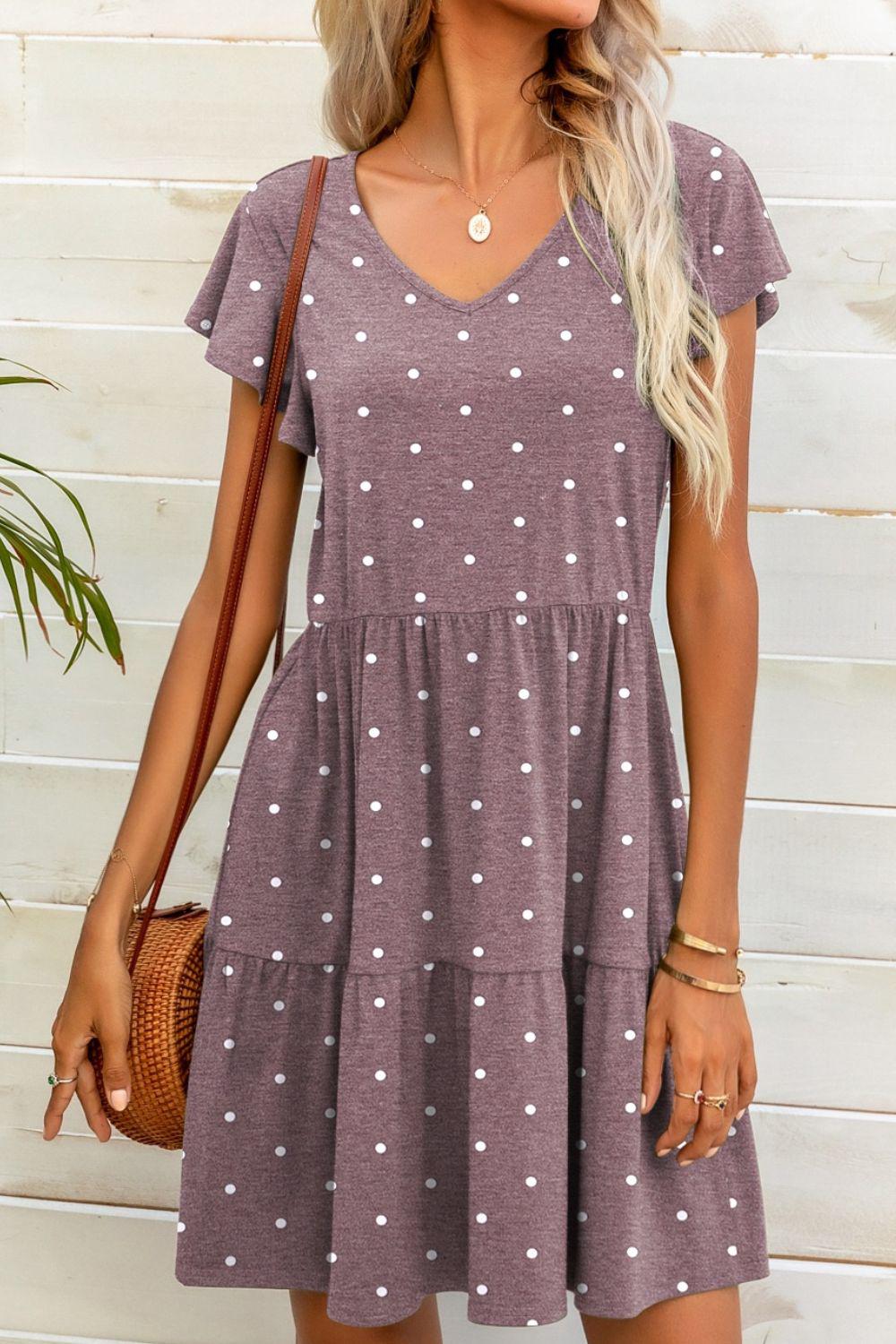 Polka Dot V-Neck Flutter Sleeve Mini Dress BLUE ZONE PLANET