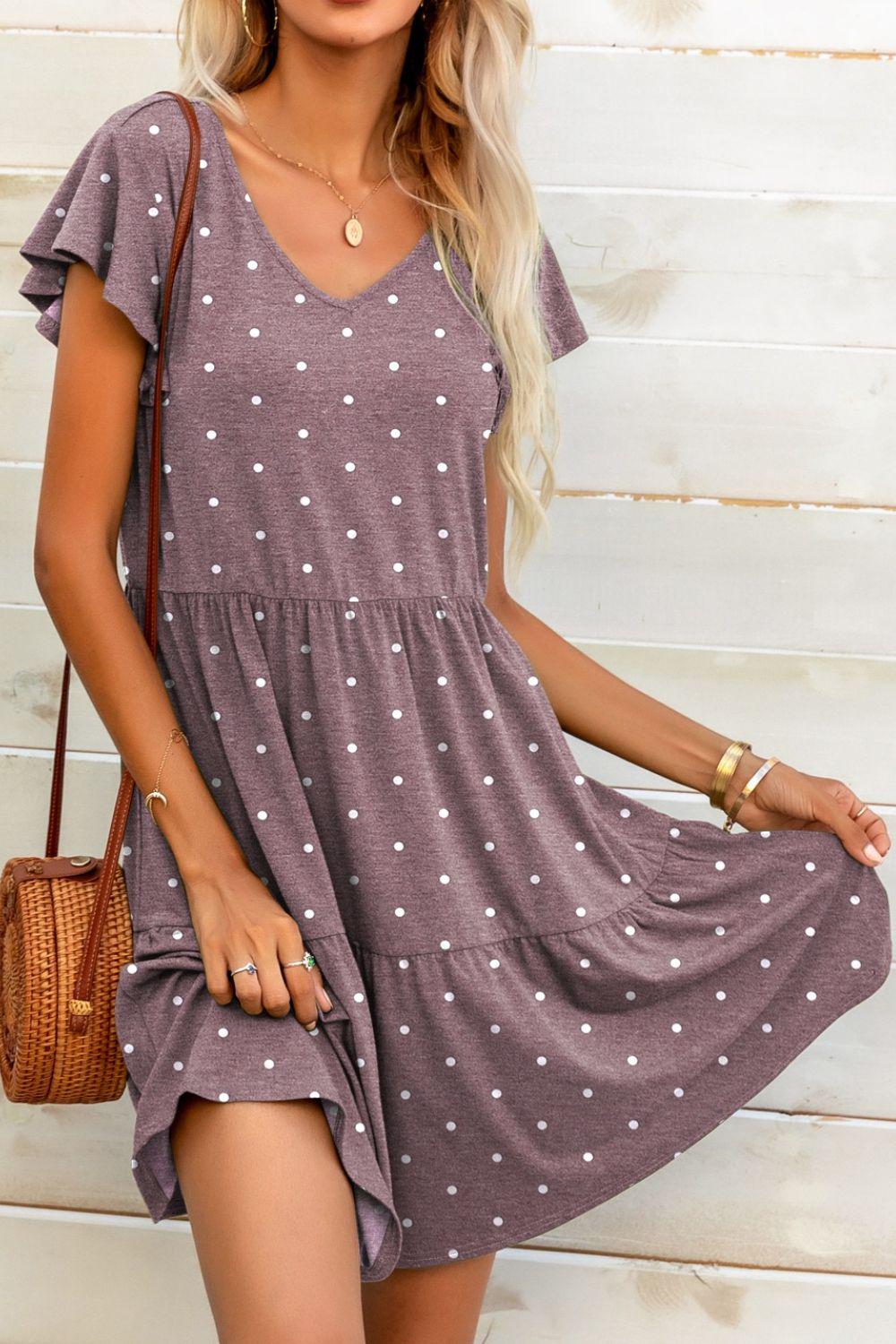 Polka Dot V-Neck Flutter Sleeve Mini Dress BLUE ZONE PLANET