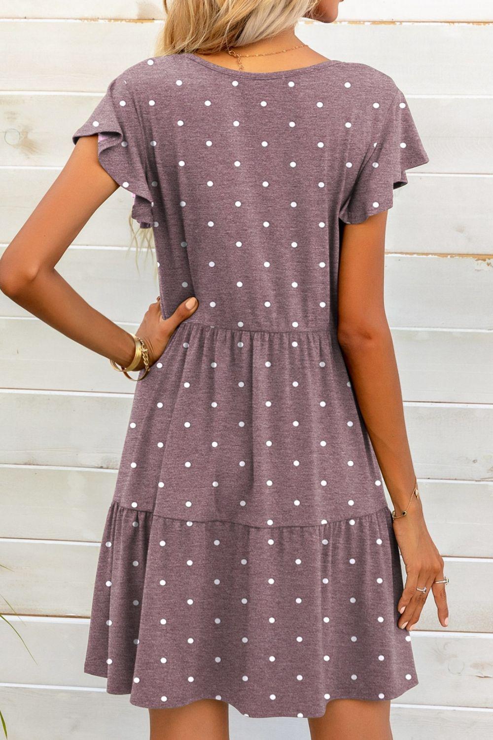 Polka Dot V-Neck Flutter Sleeve Mini Dress BLUE ZONE PLANET