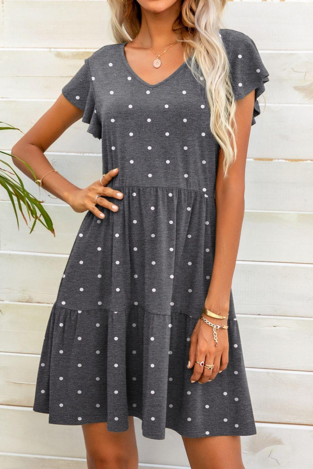 Polka Dot V-Neck Flutter Sleeve Mini Dress BLUE ZONE PLANET