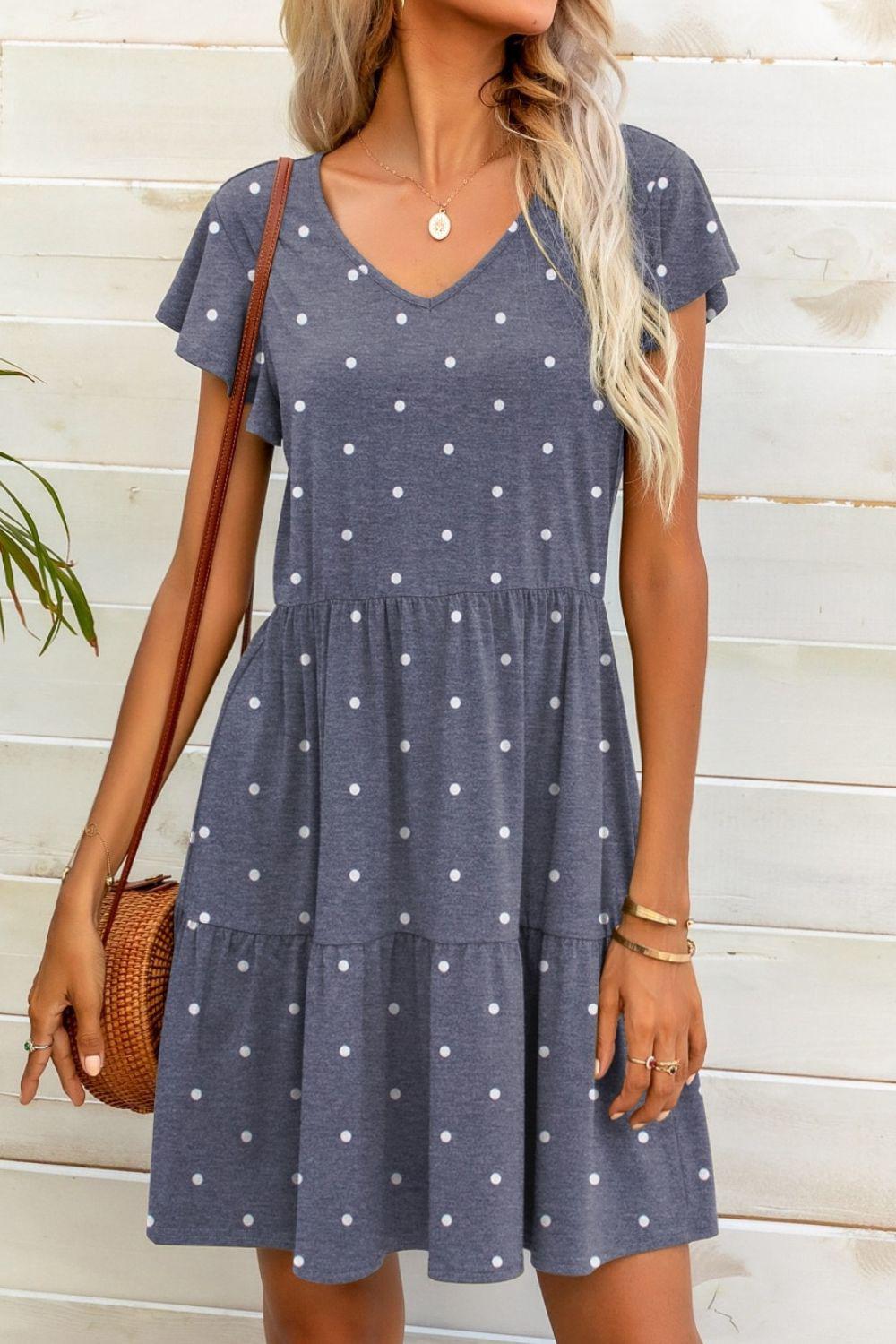 Polka Dot V-Neck Flutter Sleeve Mini Dress BLUE ZONE PLANET