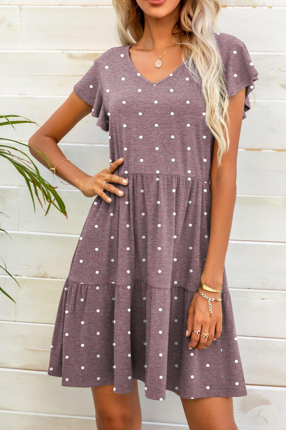 Polka Dot V-Neck Flutter Sleeve Mini Dress BLUE ZONE PLANET