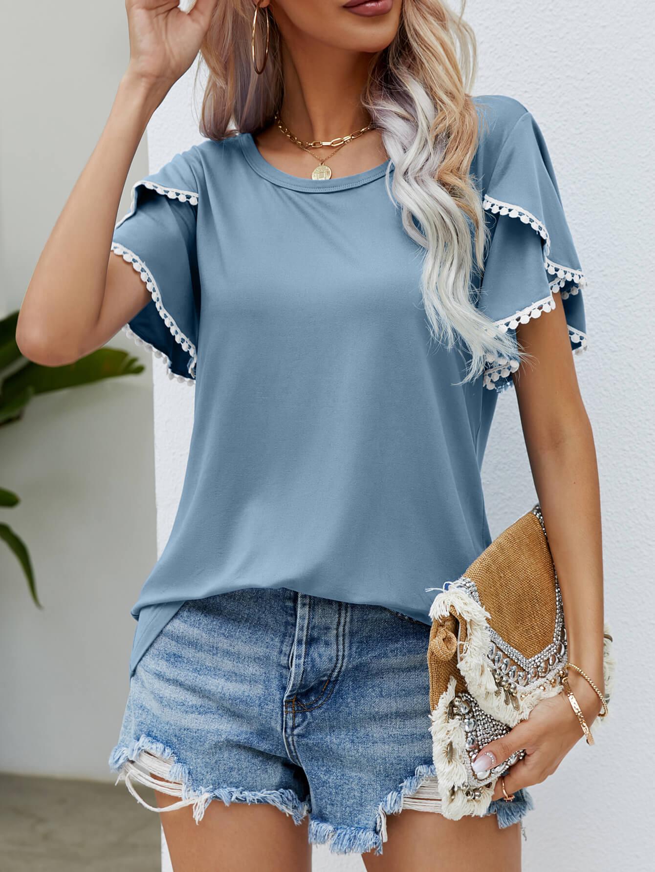 Pom-Pom Trim Flutter Sleeve Round Neck Tee BLUE ZONE PLANET