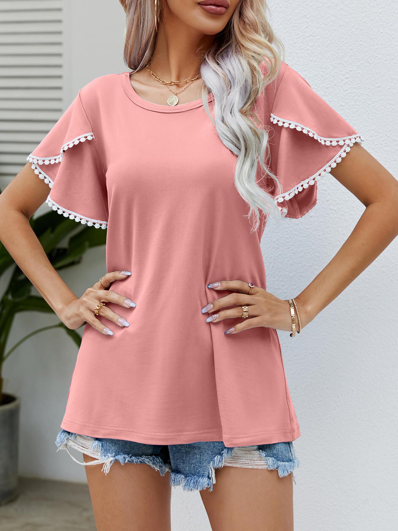 Pom-Pom Trim Flutter Sleeve Round Neck Tee BLUE ZONE PLANET