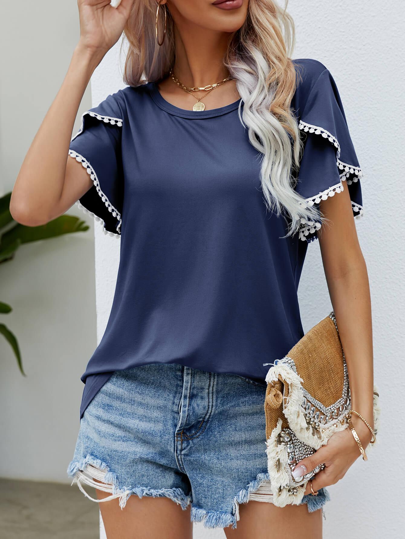 Pom-Pom Trim Flutter Sleeve Round Neck Tee BLUE ZONE PLANET