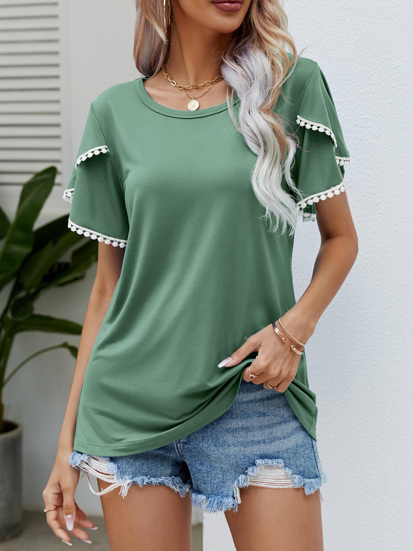 Pom-Pom Trim Flutter Sleeve Round Neck Tee BLUE ZONE PLANET