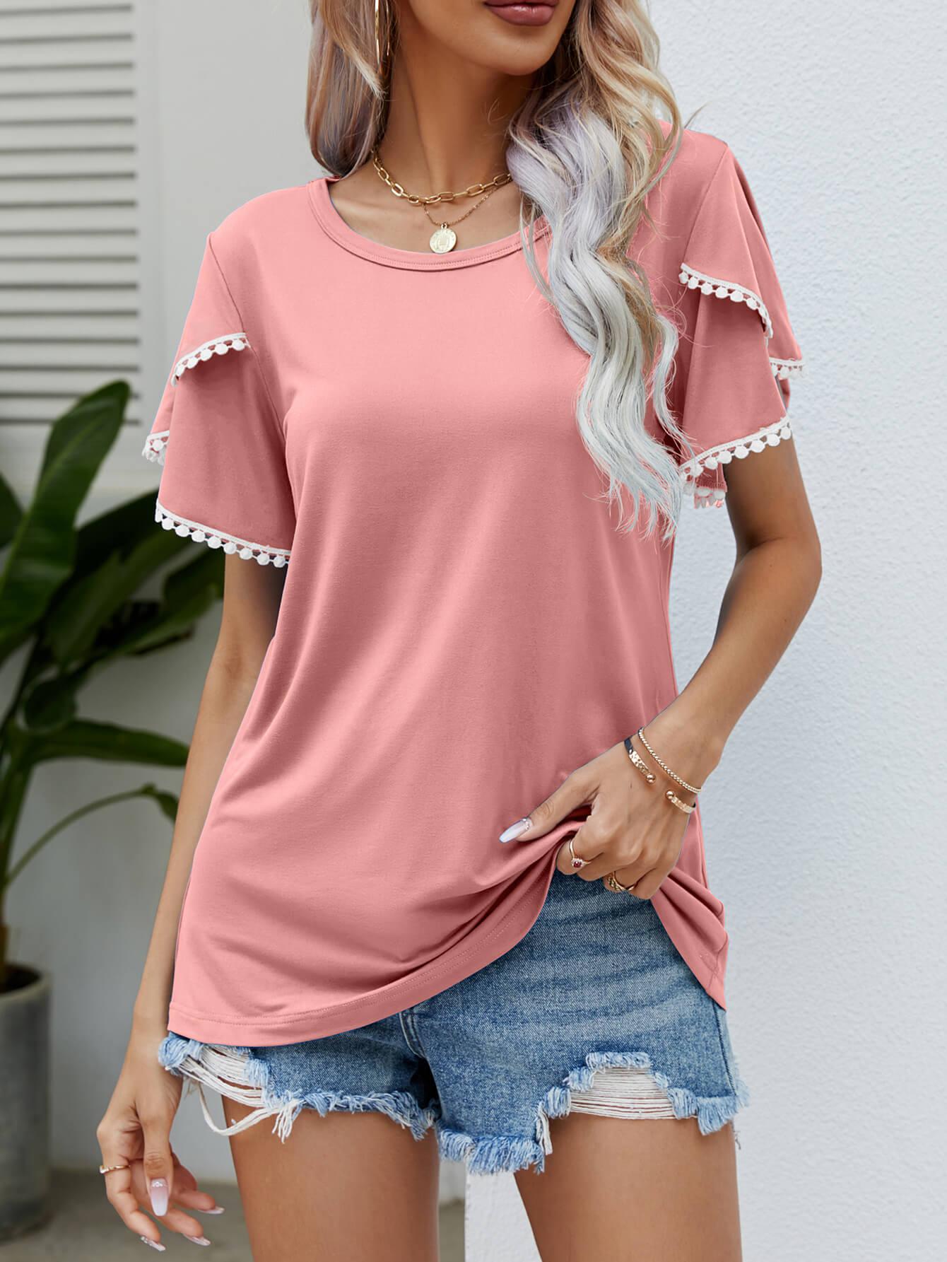 Pom-Pom Trim Flutter Sleeve Round Neck Tee BLUE ZONE PLANET