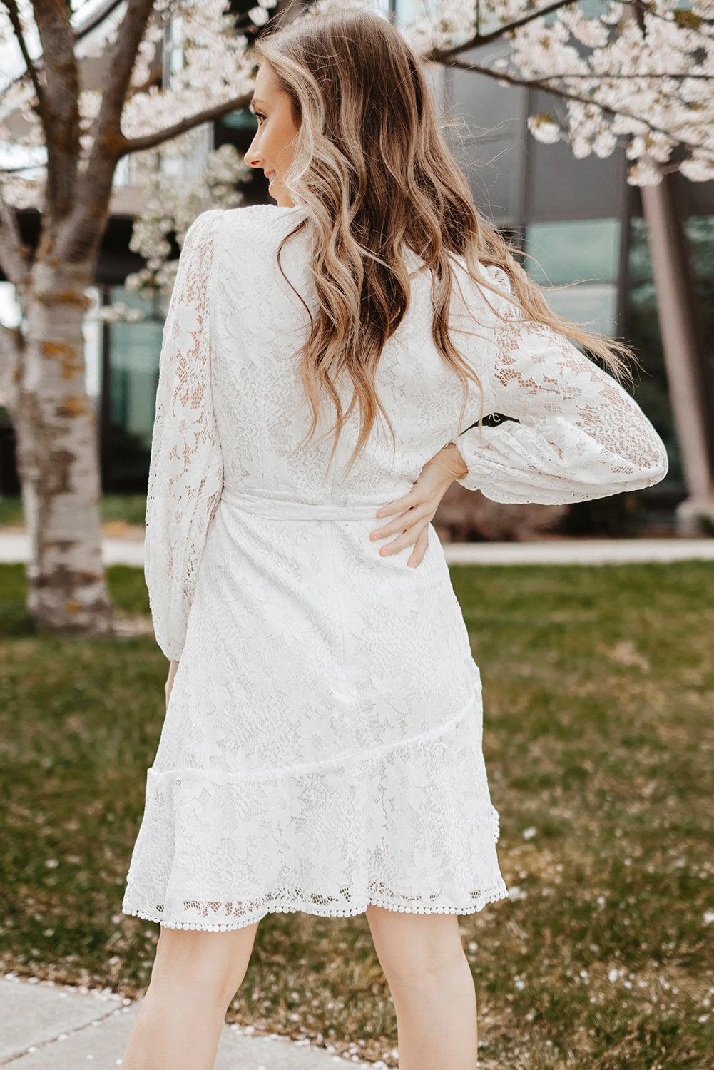 Pompom Trim Puff Sleeve Belted Lace Dress BLUE ZONE PLANET